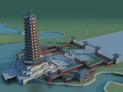 Scenic Ancient Chinese Architecture Pagoda with Water Area and Traditional Courtyard Layout 3d model