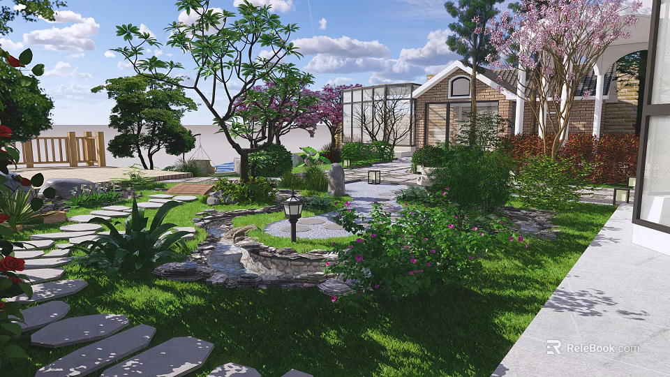 Serene Garden Landscape With Pond Stone Path And Flowering Trees 3d model 