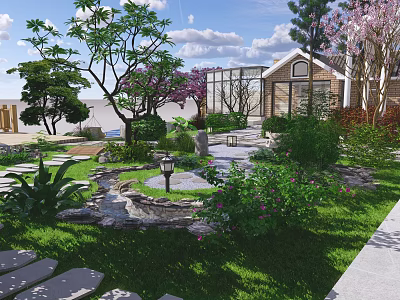 Serene Garden Landscape With Pond Stone Path And Flowering Trees 3d model