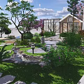 Serene Garden Landscape With Pond Stone Path And Flowering Trees 3d model