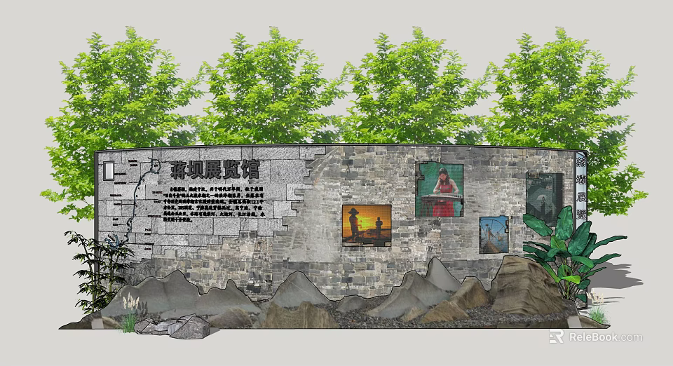 Cultural Scenic Wall with Stone Inscriptions Artworks Green Vegetation and Rock Formations 3d model 