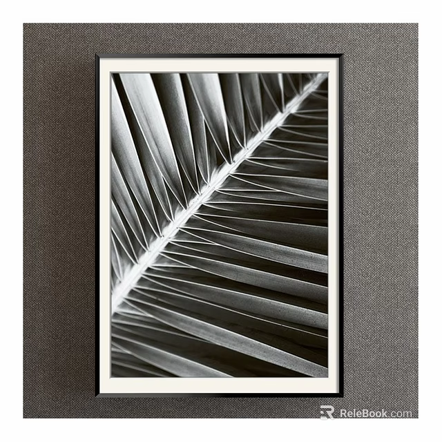 Black and White Palm Leaf Plant Painting in Black Frame on Gray Wall 3d model 