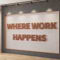 Modern Front Desk Backdrop With WHERE WORK HAPPENS Text Mesh Texture And Wooden Frame 3d model