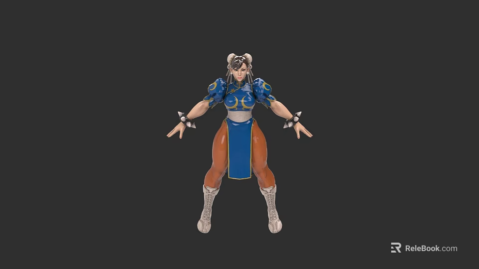 Game Character Female With Double Ponytails Blue Top Orange Skirt And Metal Arm Decorations 3d model 