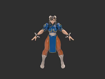 Game Character Female With Double Ponytails Blue Top Orange Skirt And Metal Arm Decorations 3d model