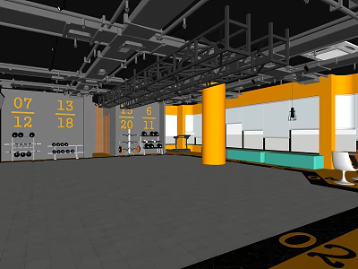 Modern Fitness Gym Interior With Yellow Pillars Numbered Signs And Workout Equipment 3d model