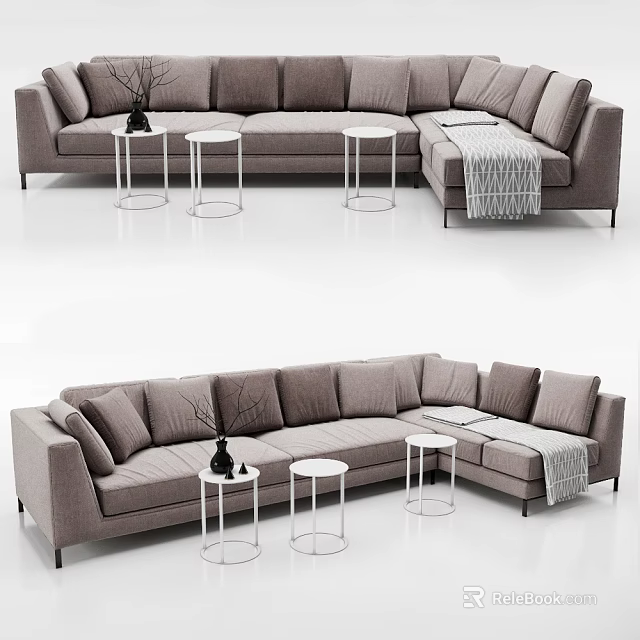 Gray Sectional Sofa with White Round Side Tables Black Vase and Gray Throw Blanket 3d model