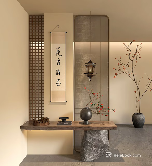 Chinese Style Lattice Partition in Interior with Scroll Lantern Flowering Branches and Stone Accents 3d model 