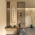 Chinese Style Lattice Partition in Interior with Scroll Lantern Flowering Branches and Stone Accents