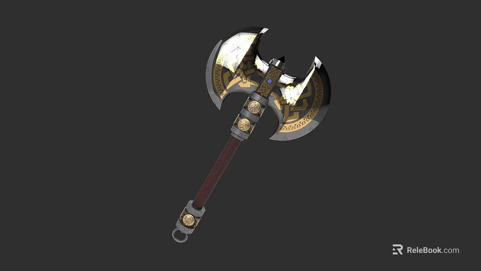 Ornate Double Headed Axe Featuring Gold Black Accents Intricate Patterns And Leather Handle 3d model 