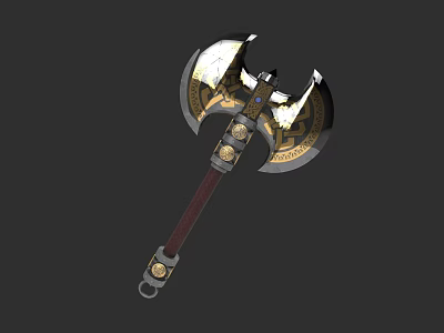 Ornate Double Headed Axe Featuring Gold Black Accents Intricate Patterns And Leather Handle 3d model