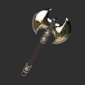 Ornate Double Headed Axe Featuring Gold Black Accents Intricate Patterns And Leather Handle