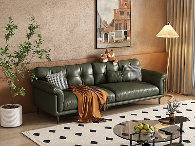 Green Leather Two Seater Sofa With Pillows Throw Blanket Potted Plant Floor Lamp And Wall Painting 3d model