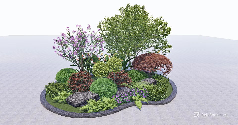 Landscape Tree Pit Design With Various Green Plants Colorful Flowers Shrubs And Decorative Stones 3d model 