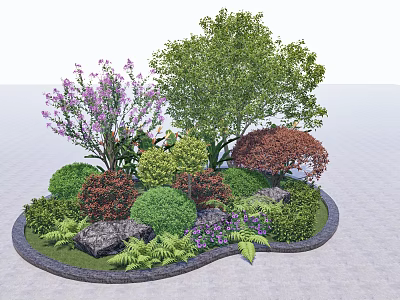 Landscape Tree Pit Design With Various Green Plants Colorful Flowers Shrubs And Decorative Stones 3d model