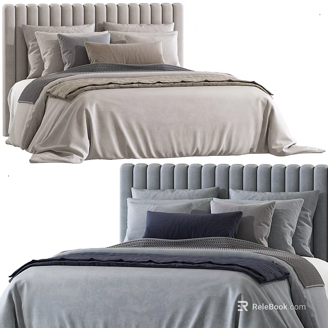 Double Bed Interior With Stylish Headboard Neutral Bedding And Pillows 3d model