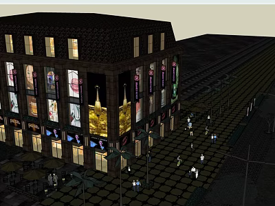 Urban Modern Commercial Complex With Illuminated Storefronts Pedestrian Walkways And Retail Shops 3d model