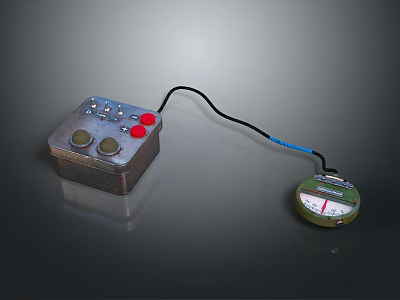 Electronic Measuring Device With Metal Casing Red Gray Buttons Connected Cable And Circular Dial Pointer 3d model