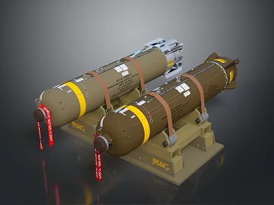 Brown Military Bombs With Yellow Stripes Straps On Mounting Stand And Labels 3d model