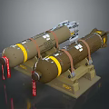 Brown Military Bombs With Yellow Stripes Straps On Mounting Stand And Labels