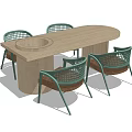 Oval Wooden Dining Table Set With Circular Indentation And Four Green Frame Woven Chairs