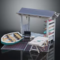 Wooden Boat in Outdoor Area with Boathouse Grill Table and Chairs Surfboard Rack