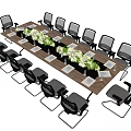 Modern Wooden Conference Table Design With Decorative Green Plants And Black Office Chairs