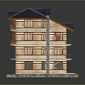 Three Story Wooden Building With Dark Roof Multiple Balconies And Stone Base