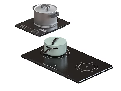 Modern Black Induction Cooktops With Silver And Light Green Pots On Kitchen Surfaces 3d model