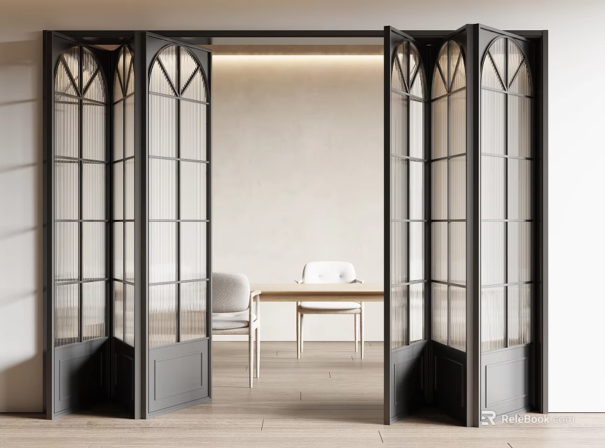 Modern Black Frame Folding Doors With Arched Glass Panels For Interior Space 3d model 
