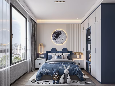 Modern Kids Bedroom With Blue Tones Large Window Moon Decor And Plush Toys 3d model