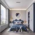 Modern Kids Bedroom With Blue Tones Large Window Moon Decor And Plush Toys
