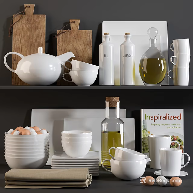 Stylish White Kitchenware Collection with Teapot Bowls Plates Olive Oil Bottle and Cookbook 3d model 