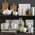 Stylish White Kitchenware Collection with Teapot Bowls Plates Olive Oil Bottle and Cookbook