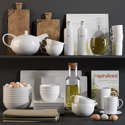 Stylish White Kitchenware Collection with Teapot Bowls Plates Olive Oil Bottle and Cookbook 3d model