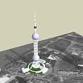 Tall Communication Tower With Spherical Sections White Red Color And Green Base