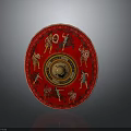 Ancient Red Shield With Golden Center And Decorative Warrior Figures Artwork Design