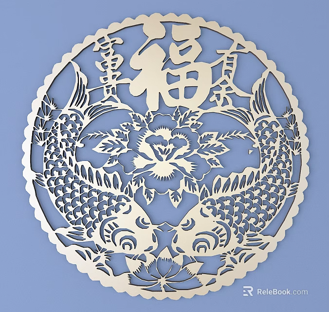 Traditional Carving Piece Featuring Circular Design Two Fish Fu Character And Flowers On Blue Background 3d model 