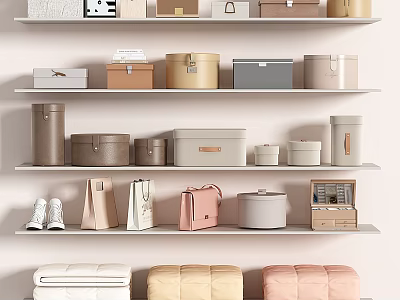 Various Stylish Bags And Boxes On Organized Storage Shelves 3d model