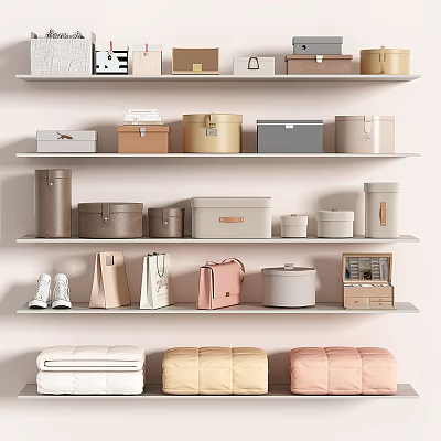 Various Stylish Bags And Boxes On Organized Storage Shelves 3d model