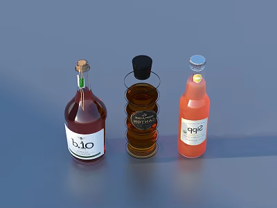Beverage Bottles Displaying Bio Royalty And Spice Labels Including Orange One On Blue Background 3d model