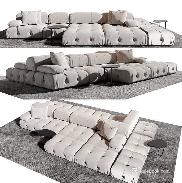 Modern Sectional Sofa With Tufted Beige Upholstery And Modular Design In Living Room 3d model 