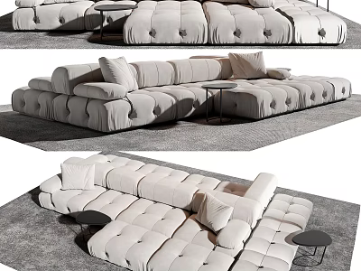 Modern Sectional Sofa With Tufted Beige Upholstery And Modular Design In Living Room 3d model
