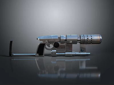 Futuristic Silver Metal Weapon With Barrel Grip And Mechanical Components 3d model