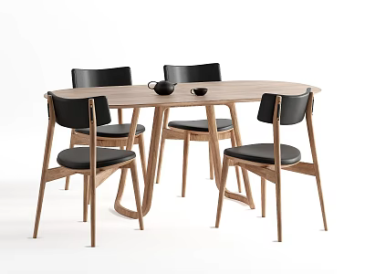 Minimalist Modern Wooden Dining Table With Four Black Chairs And Tabletop Mugs 3d model