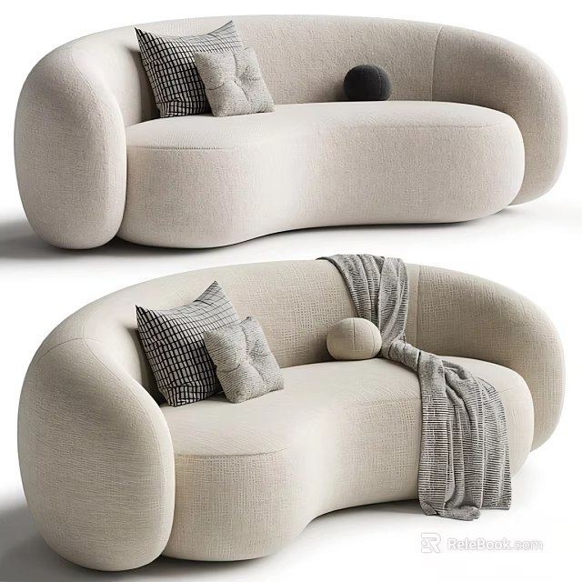 Modern Curved Sofa With Soft Cushions And Knitted Throw Blanket 3d model 
