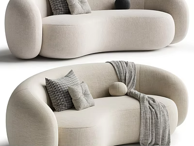 Modern Curved Sofa With Soft Cushions And Knitted Throw Blanket 3d model