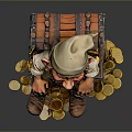Decorative Gnome Figure Sitting On Treasure Chest With Scattered Gold Coins