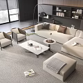 Modern Beige Sofa Set With Marble Top Coffee Table Armchairs And Floor To Ceiling Windows 3d model