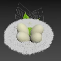 Brown Nest With Four White Eggs And Green Leaves On Dark Background